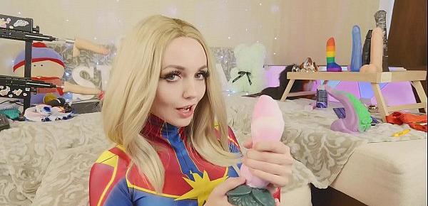  Amateur teen in suit Captain Marvel tests new toys Bad Dragon Sia Siberia